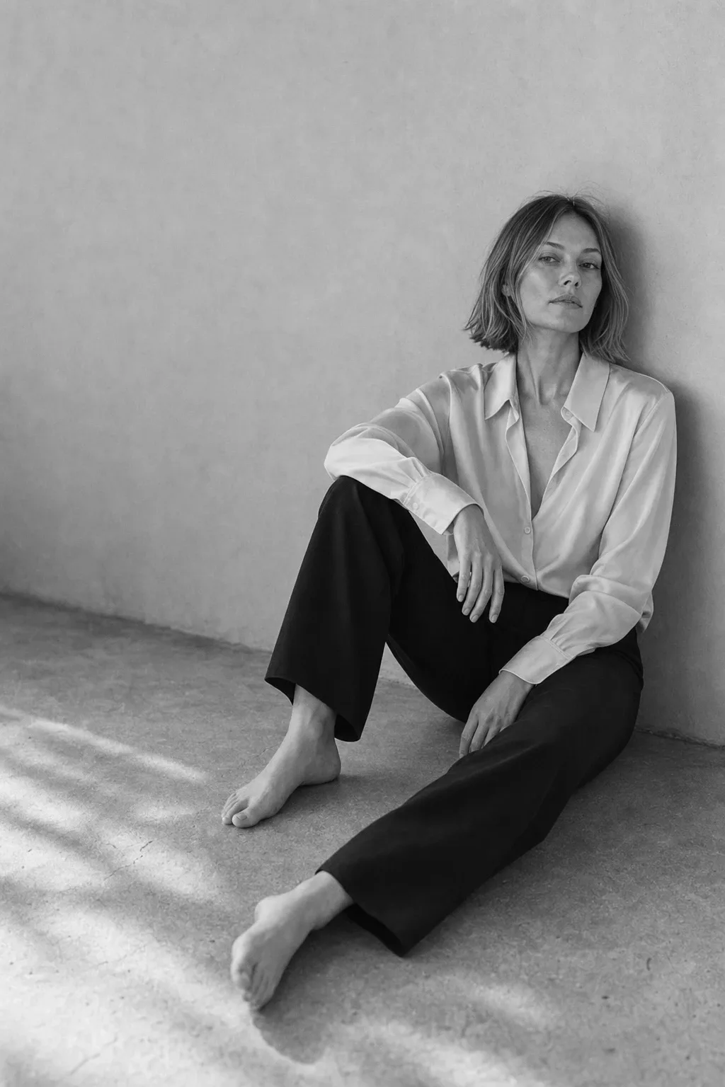 A woman sits barefoot on a concrete studio floor, leaning against a pale wall, wearing a fluid ivory silk blouse | The Dressy Silk Blouse, Relover
