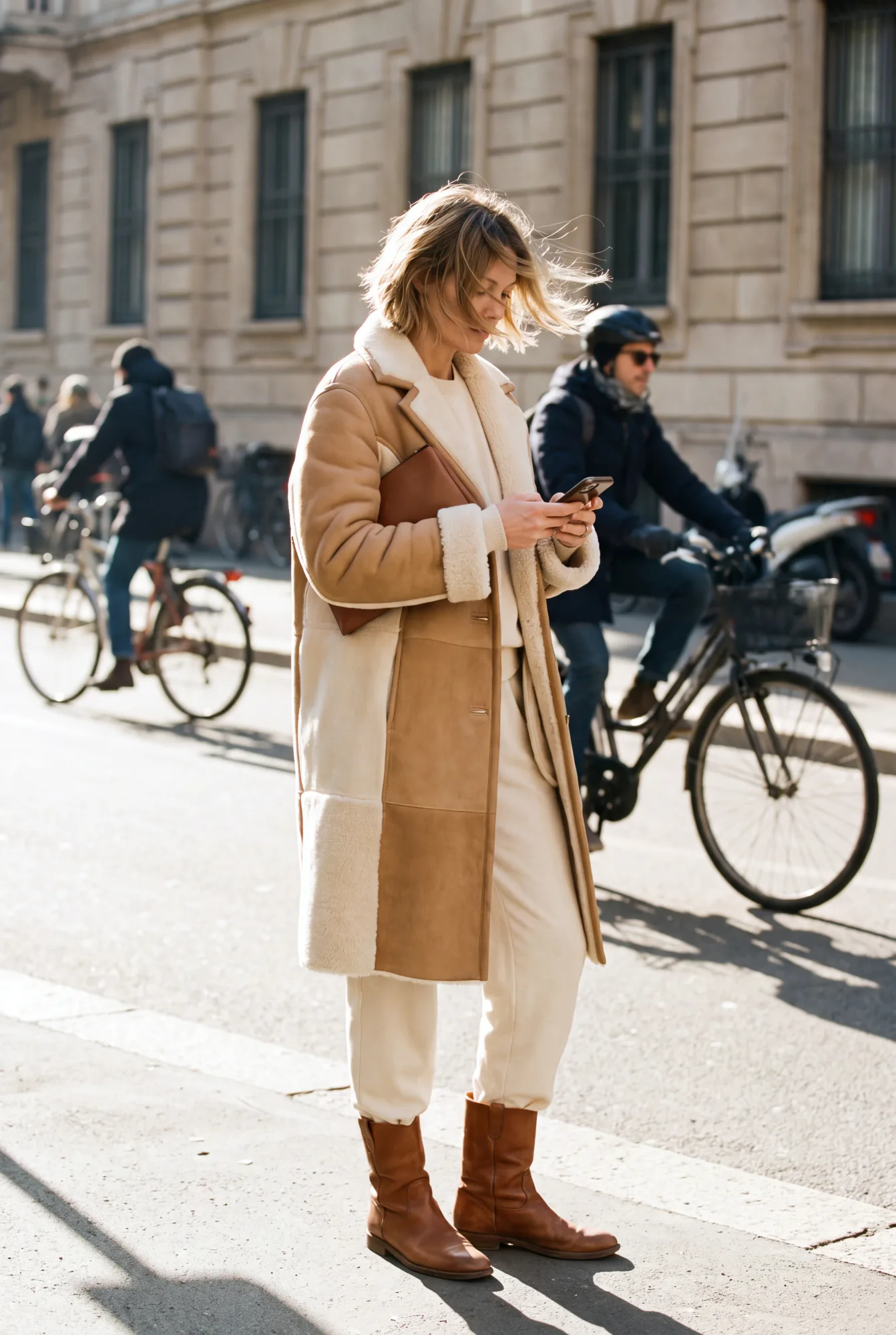 A woman in a camel shearling coat with cream fleece lining checks her phone on a sunny city street as cyclists pass | The Weight of Winter, Relover
