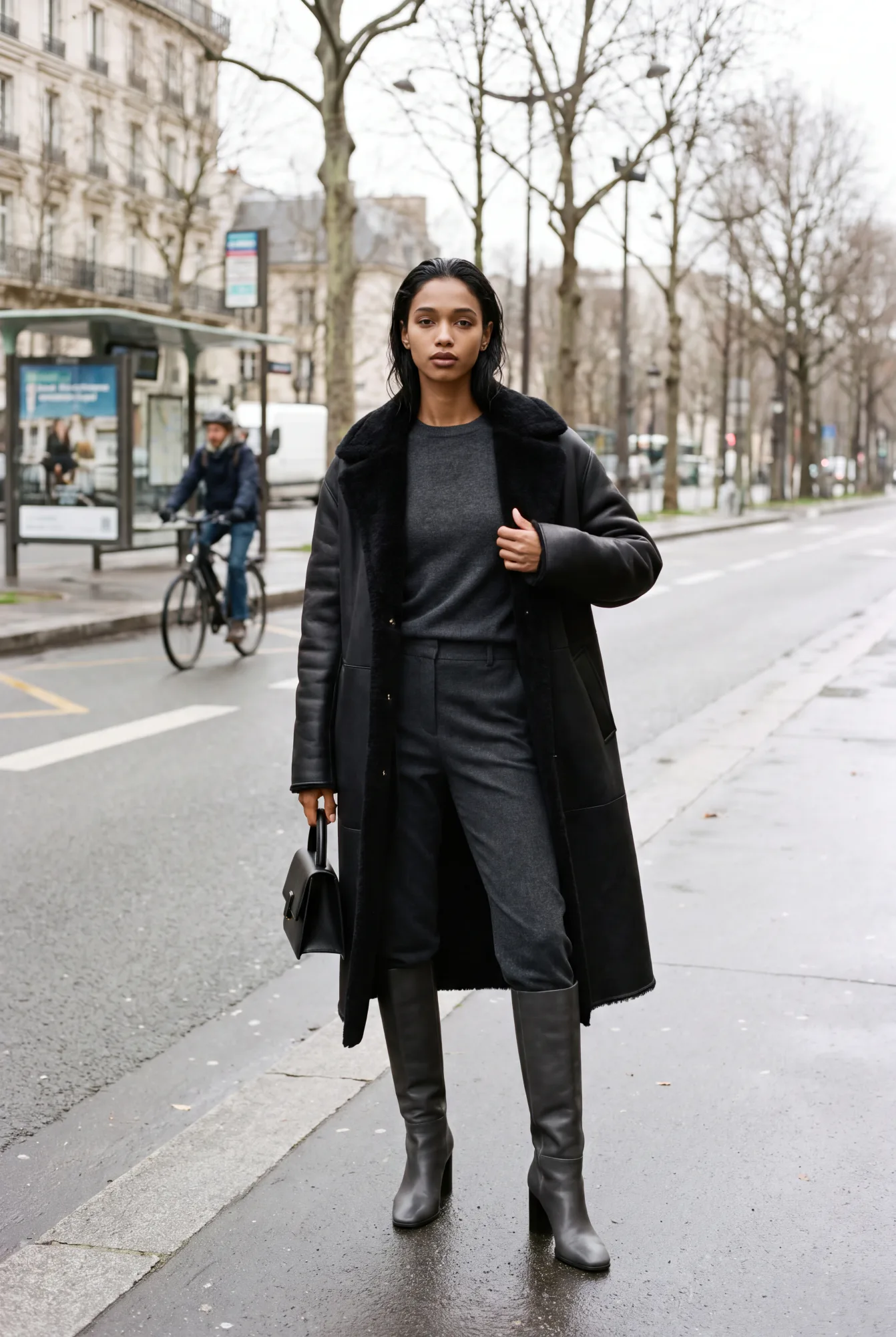 A woman stands on a rainy Paris street wearing an oversized black shearling coat with notch lapel, black trousers | The Weight of Winter, Relover